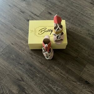 Bettye Muller! Suede multi color (red, tan and pink) high heel sandals.Size 6.5